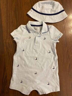 Little Me Baby Blue Romper with Embroidered Sailboats